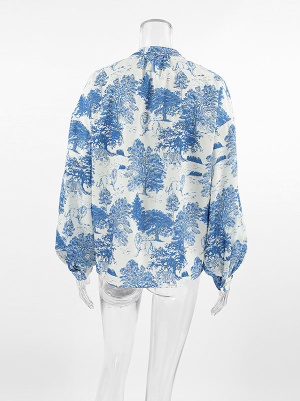 Floral Printed Pleated Split-Joint Loose Puff Sleeves Stand Collar Blouses&Shirts Tops