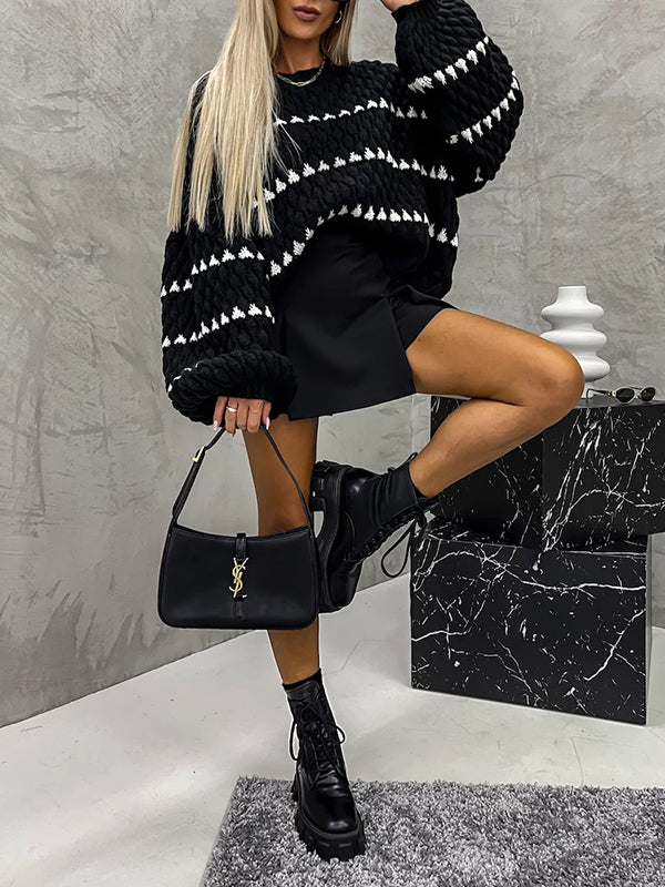 Split-Joint Loose Puff Sleeves Round-neck Sweater Tops