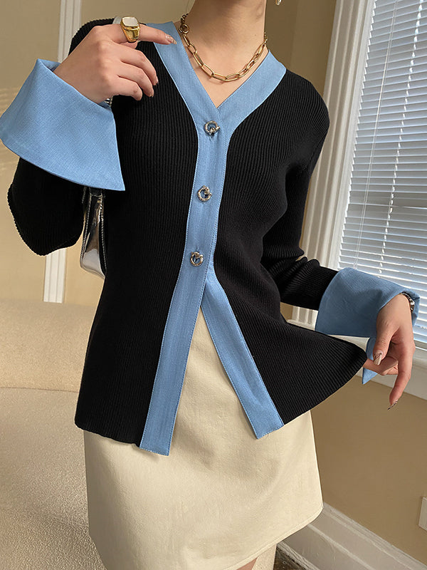 Original Long Sleeves Skinny Buttoned Contrast Color V-Neck Cardigan Tops