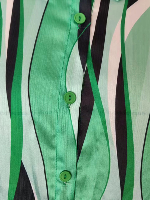 Contrast Color Striped Long Sleeves Loose Lapel Blouses