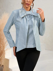Bowknot Zipper Long Sleeves Loose Mock Neck Blouses&Shirts Tops