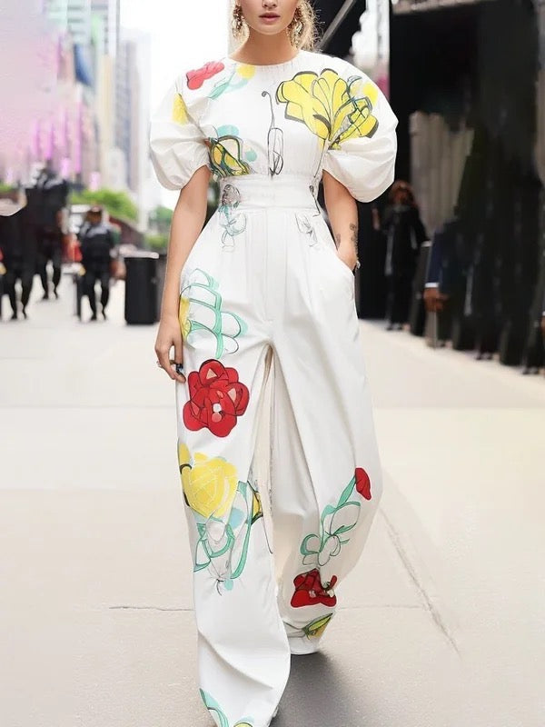Half Sleeves Puff Sleeves Flower Print Pleated Round-Neck Blouses&Shirts Tops