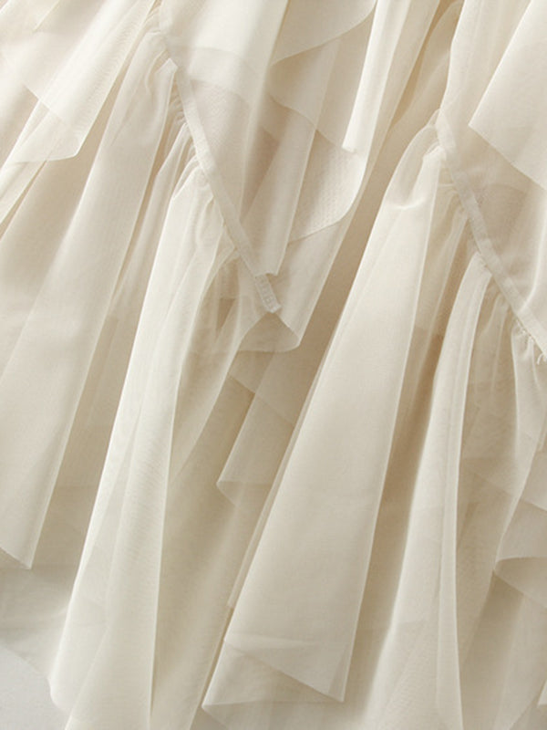 Elasticity Gauze Pleated Solid Color Split-Joint A-Line Loose Skirts