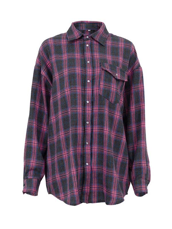 Buttoned Plaid Pockets Split-Joint Long Sleeves Loose Lapel Blouses&shirts Tops