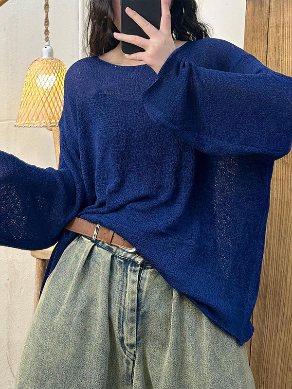 See-Through Solid Color Split-Joint Long Sleeves Loose Round-Neck T-Shirts Tops