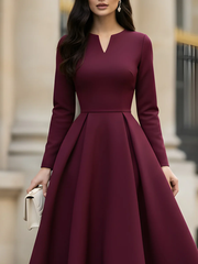 Pleated Solid Color A-Line High Waisted V-Neck Maxi Dresses