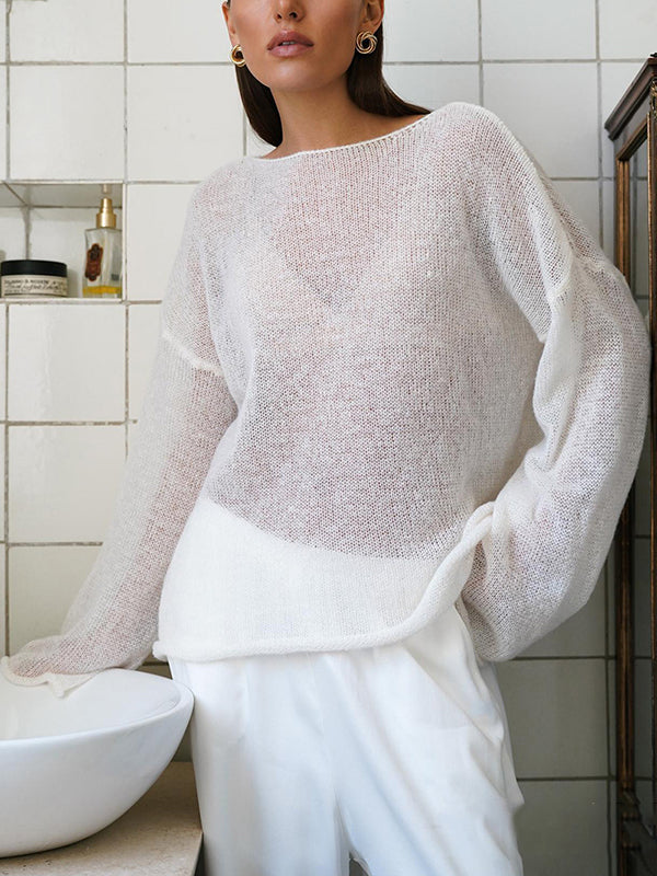 See-Through Solid Color Split-Joint Long Sleeves Loose Round-Neck Sweater Tops
