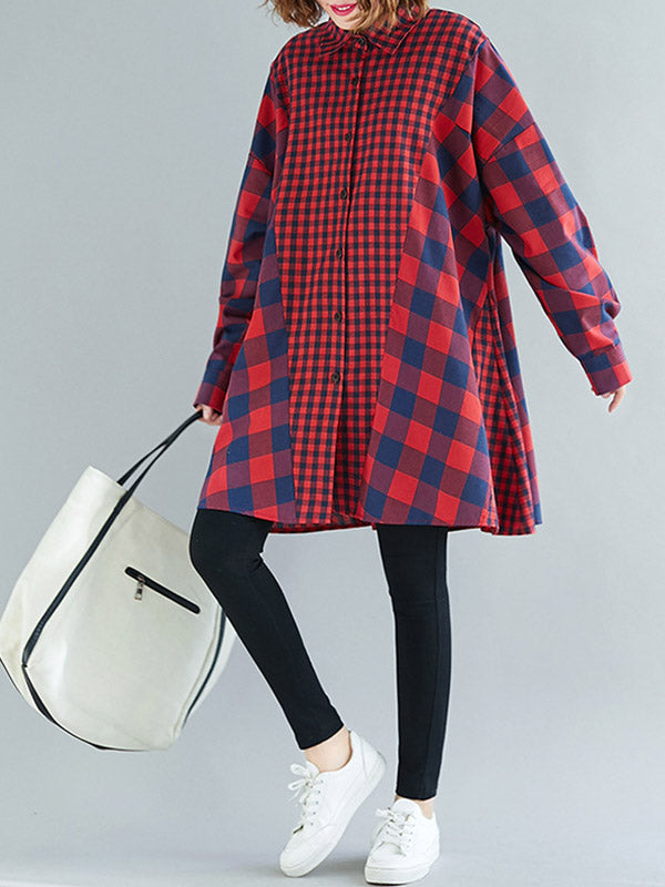 Plaid Lapel Long Sleeve Blouse Top