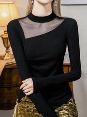 Asymmetric See-Through Solid Color Split-Front Split-Joint Long Sleeves Plus Size Round-Neck T-Shirts Tops