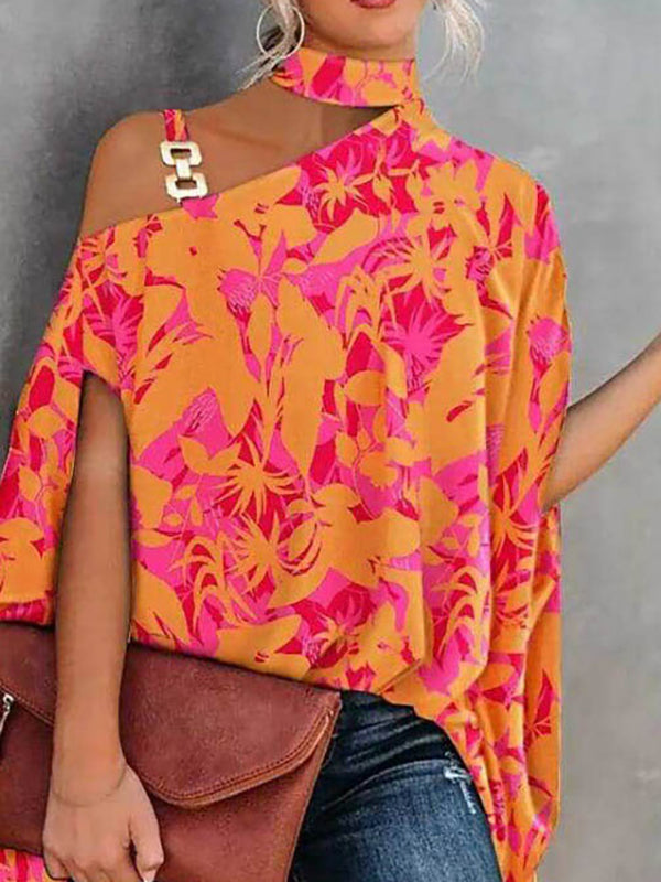 Asymmetric Chains Hollow Printed Batwing Sleeves Loose Asymmetric Collar Blouses&shirts Tops