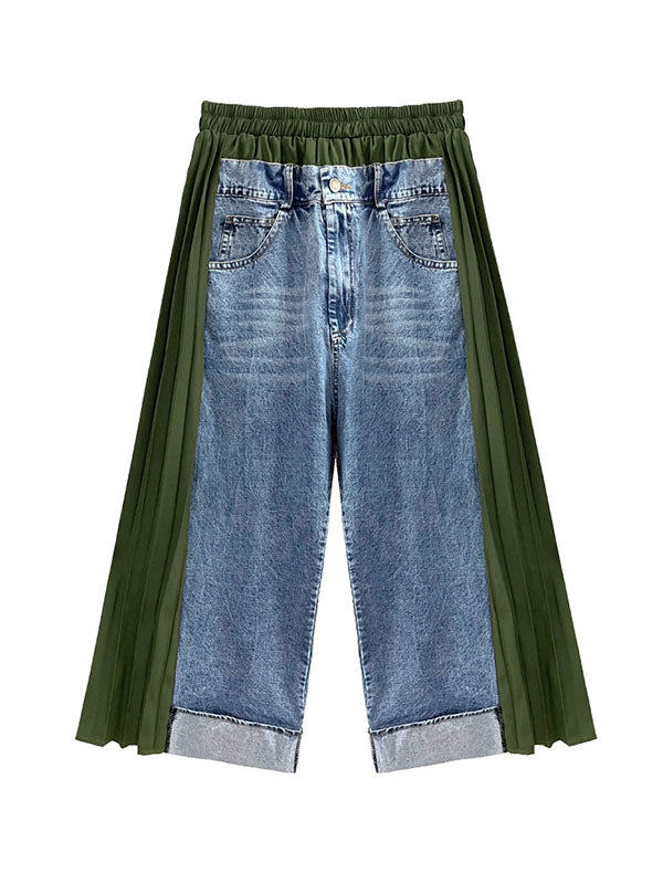 Contrast Color Pleated Split-Joint Loose Ninth Pants Wide Leg Jean Pants Bottoms