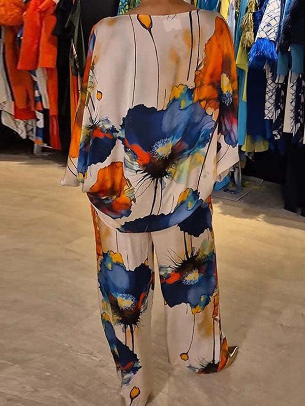Printed Split-Joint Batwing Sleeves Loose Round-neck Blouses&shirts Tops