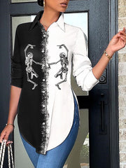 Casual Loose Contrast Color Printed Split-Side Polo Blouses&Shirts Tops