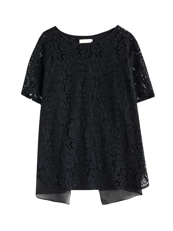 Hollow Solid Color Split-Back Split-Joint Loose Plus Size Round-Neck T-Shirts Tops
