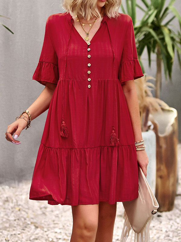 Falbala Loose V-Neck Mini Dresses