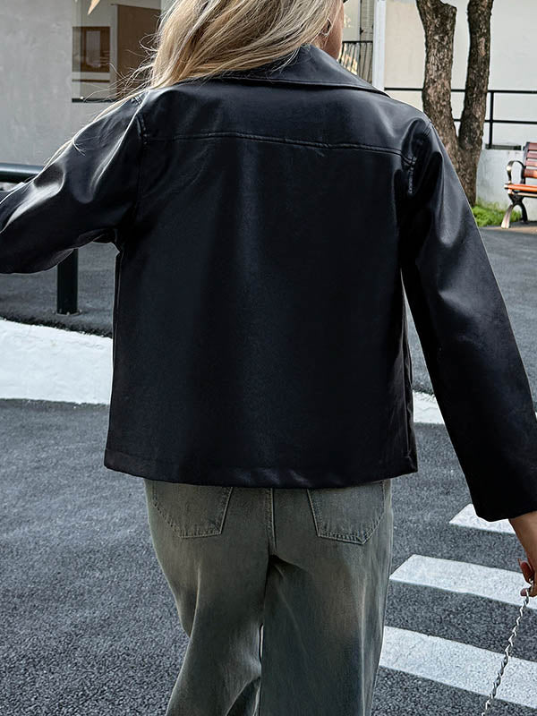 Pockets Solid Color Zipper Long Sleeves Lapel Overcoat Jackets
