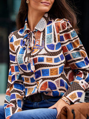 Lace-Up Printed Long Sleeves Loose Lapel Blouses&Shirts Tops