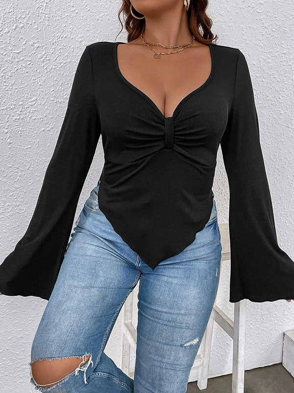 Pleated Solid Color Flared Sleeves Long Sleeves Deep V-Neck T-Shirts Tops