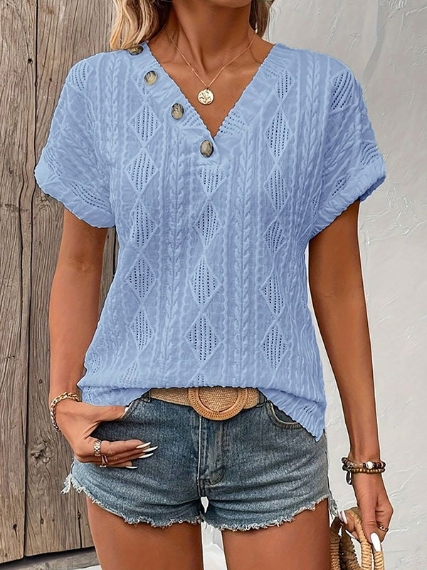 Buttoned Solid Color Loose Short Sleeves V-Neck T-Shirts Tops