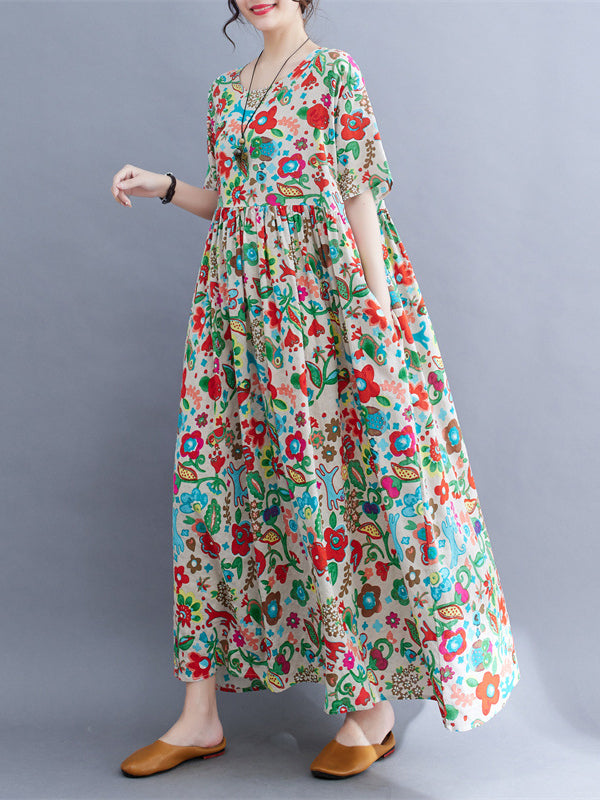 Pleated Printed Split-Joint Loose Short Sleeves Round-Neck Midi Dresses