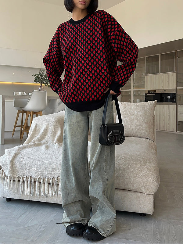 Pleated Split-Joint Long Sleeves Loose Round-Neck Sweater Tops