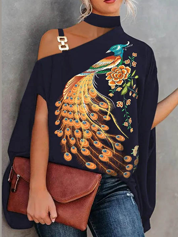 Animal Printed Asymmetric Chains Batwing Sleeves Loose Asymmetric Collar T-Shirts Tops