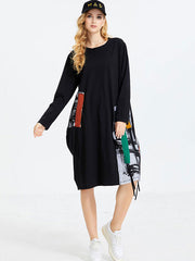 Original Split-Joint Contrast Color Long Sleeve Midi Dress