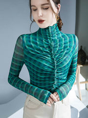Contrast Color Plaid Pleated Split-Joint Long Sleeves Skinny High-Neck Blouses&Shirts Tops