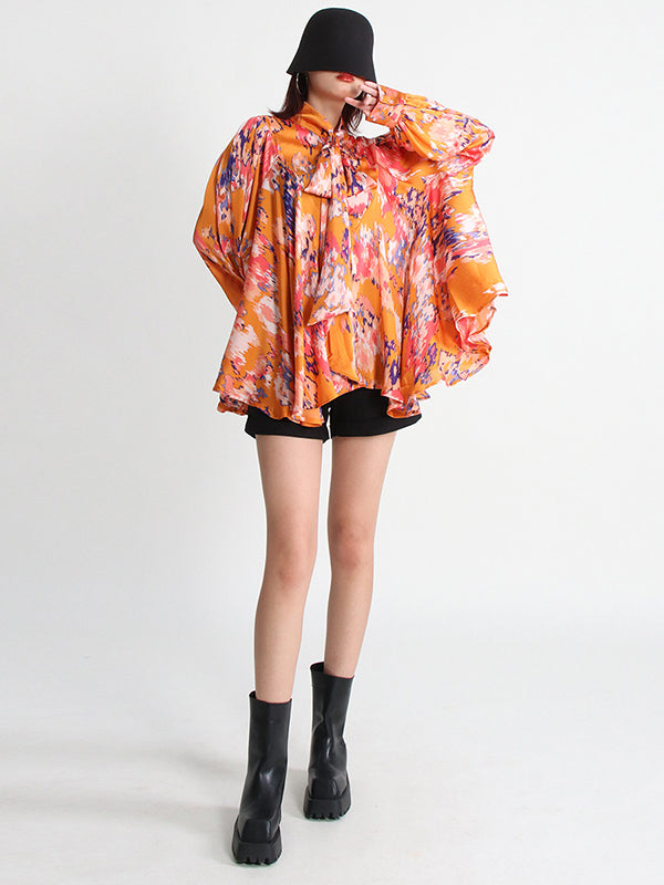 Loose Printed Puff Sleeves Pleated Stand Collar Blouses
