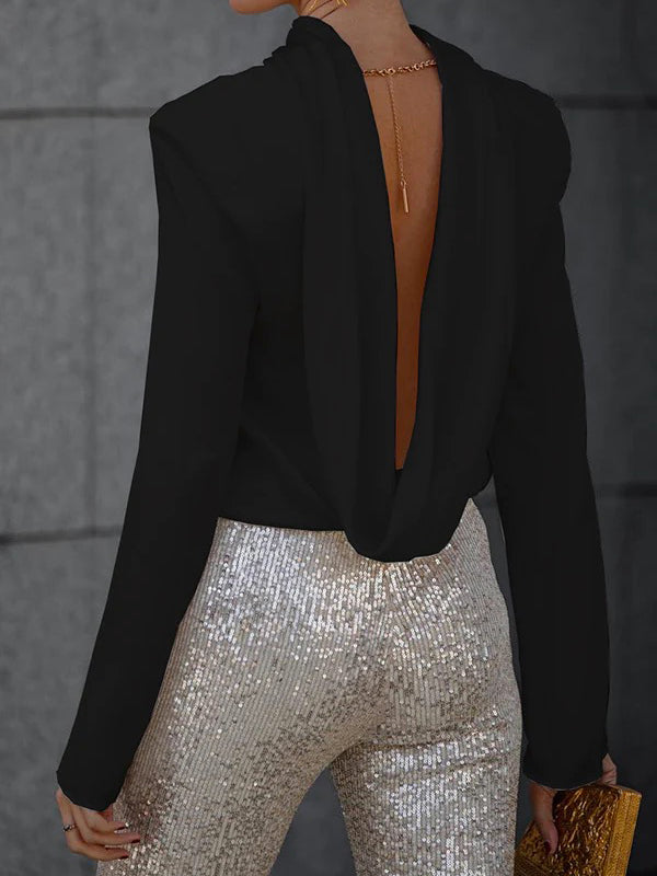Backless Solid Color Long Sleeves Loose Heaps Collar Blouses&Shirts Tops