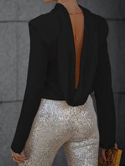 Backless Solid Color Long Sleeves Loose Heaps Collar Blouses&Shirts Tops