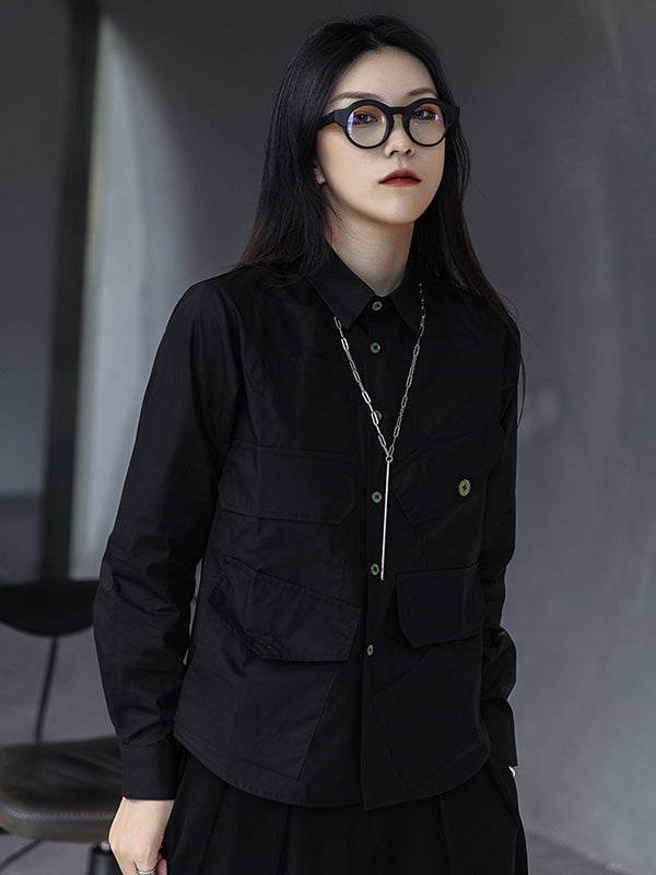 Simple Black Lapel Pockets Blouse