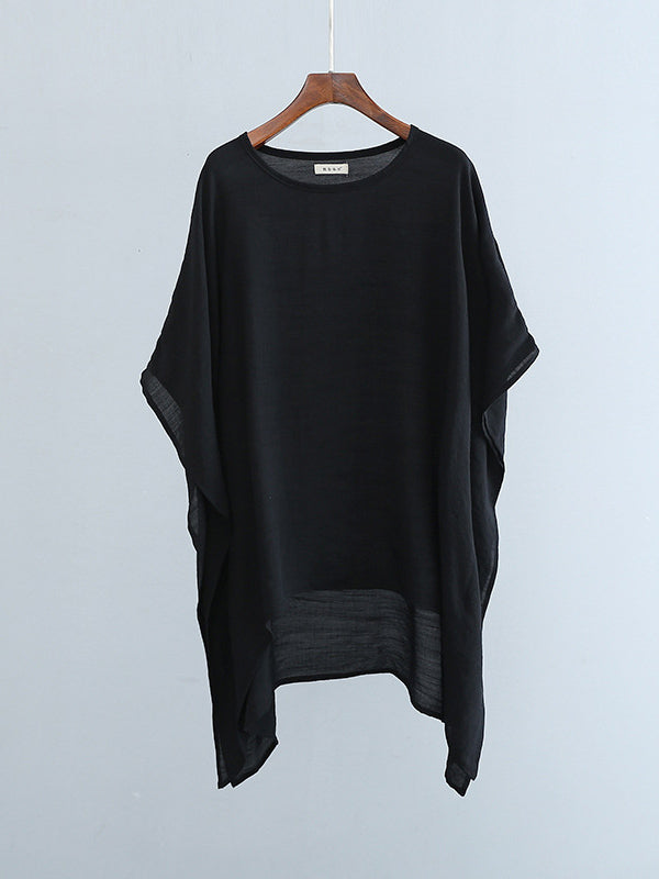 See-Through Solid Color Half Sleeves High-Low Round-Neck Blouses