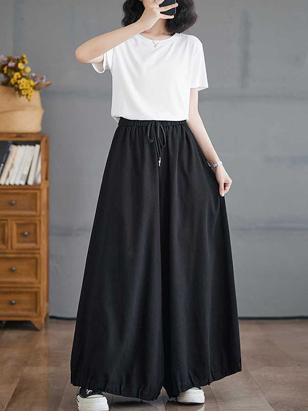 Drawstring Elasticity Pleated Pockets High Waisted Loose Pants Knickerbockers Culotte