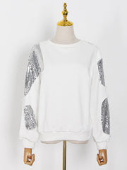 Asymmetric Sequined Long Sleeves Loose Round-Neck Sweatshirt Tops