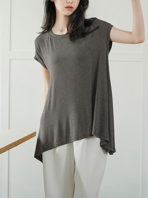 Asymmetric Solid Color High-Low Loose Round-Neck T-Shirts Tops