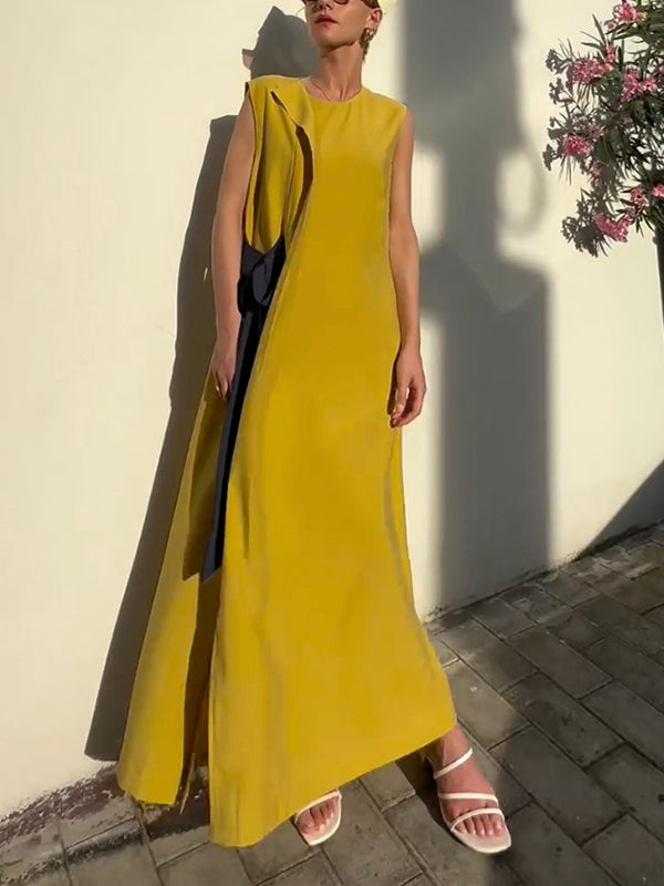 Asymmetric Contrast Color Split-Side Tied Loose Sleeveless Round-Neck Maxi Dresses
