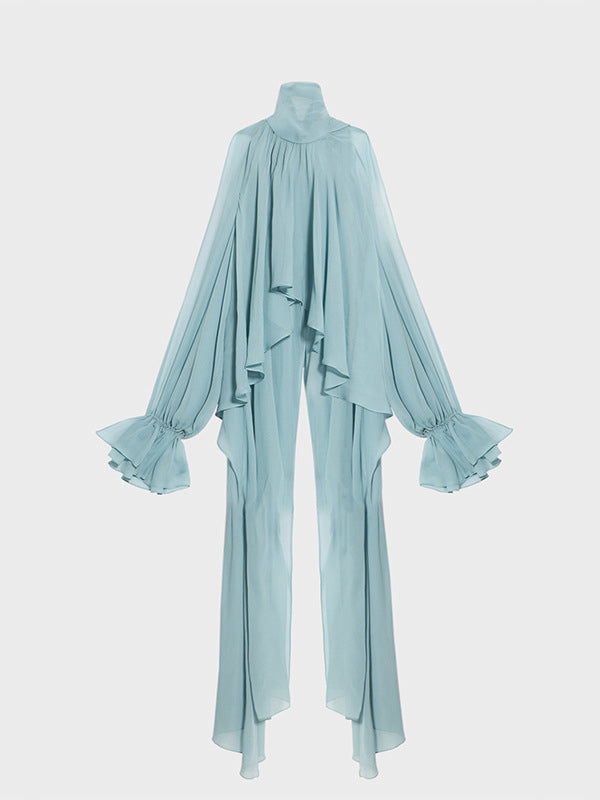 Elasticity Hollow Pleated Solid Color High-Low Long Sleeves Mock Neck Blouses&Shirts Tops