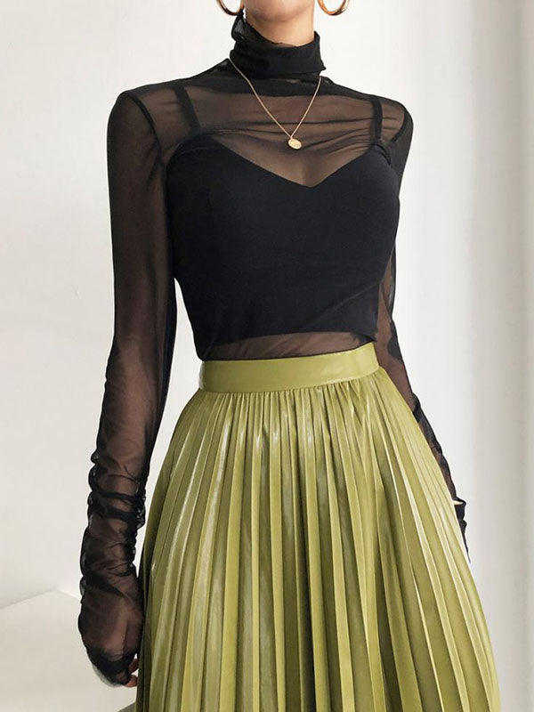 Gauze See-Through Solid Color Long Sleeves Skinny High Neck T-Shirts