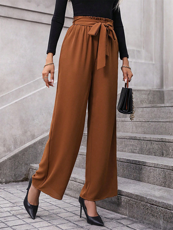 Elasticity Solid Color Tied Waist High Waisted Loose Trousers Pants