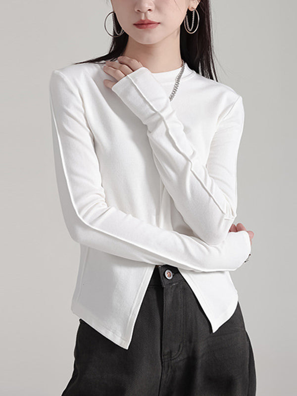 Solid Color Split-front Long Sleeves Skinny Round-neck T-Shirts Tops