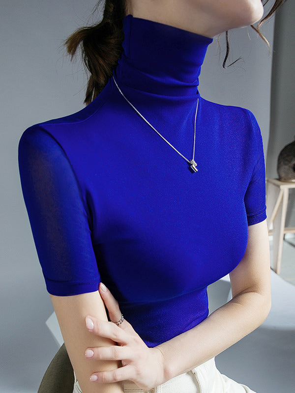 Solid Color Half Sleeves Skinny High Neck T-Shirts Tops