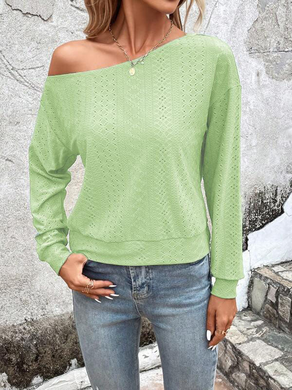 Asymmetric Solid Color Split-Joint Long Sleeves Loose One-Shoulder T-Shirts Tops