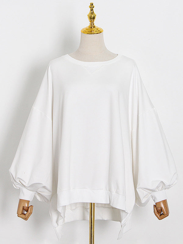 Casual Simple Puff Sleeves Solid Color Round-Neck Sweatshirt Top