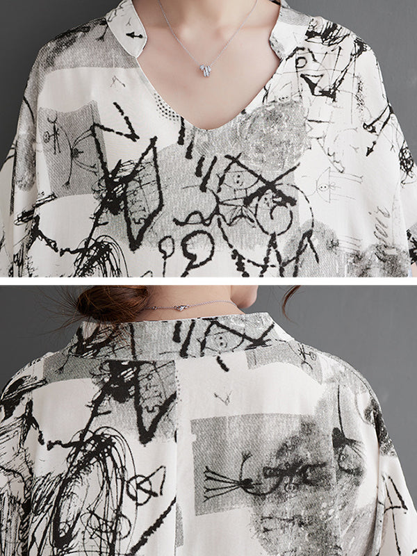 Printed Irregular clipping Loose V-neck Maxi Dresses