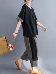 Plaid Split-Joint Asymmetric T-Shirt&Pants Suits