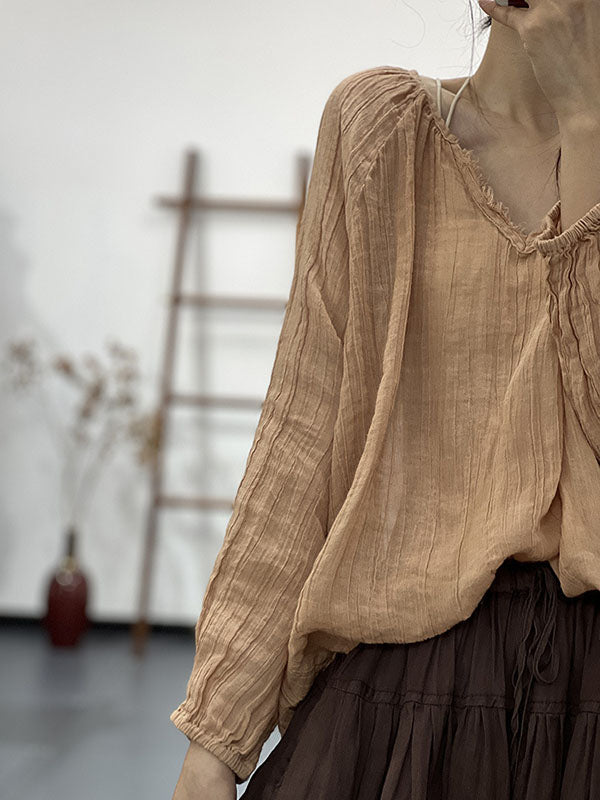 Pleated Solid Color Long Sleeves Loose V-neck Blouses&shirts Tops