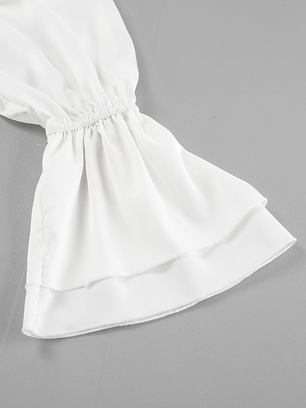 Buttoned Elasticity Pleated Solid Color Tied Zipper A-Line Flared Sleeves Stand Collar Mini Dresses