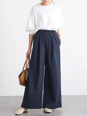 Elasticity Solid Color Split-Joint Wide Side High Waisted Wide Leg Trousers Pants