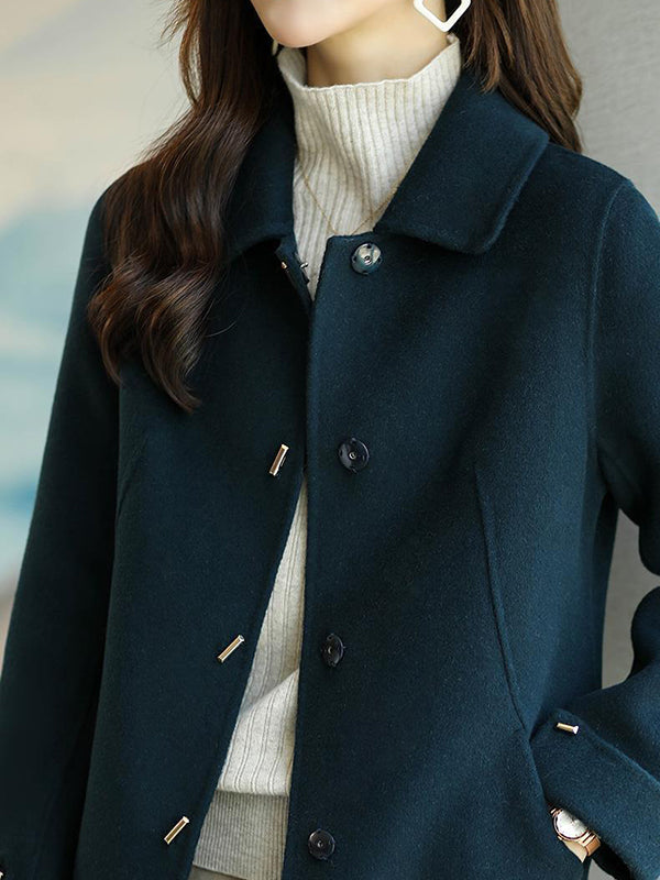 Buttoned Pockets Solid Color Long Sleeves Loose Lapel Woolen Coat